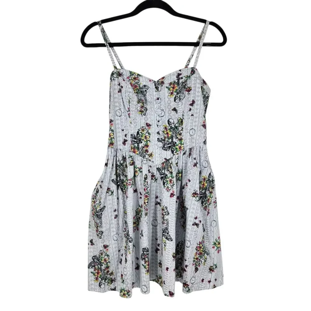 Hell Bunny Elaine White Skeleton Floral Mix Print Basque Waist Mini Dress Size M